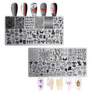 UC-015 Plumas y cuernos - Placa metálica doble - Uñas Coquetas