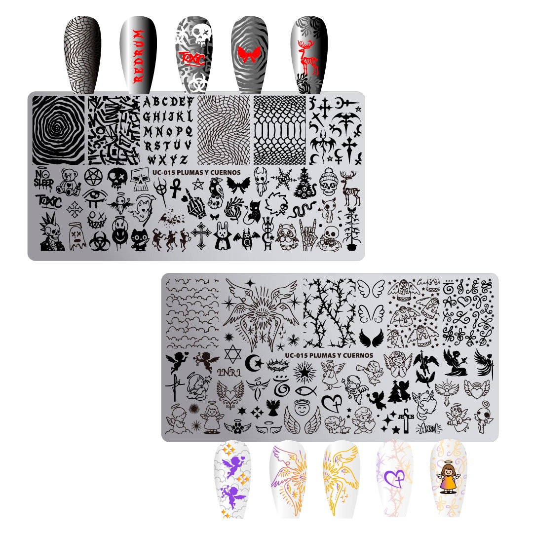 UC-015 Plumas y cuernos - Placa metálica doble - Uñas Coquetas